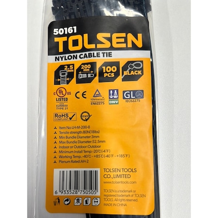 Tolsen Cable Tie, 8 in L, 52.5 mm Max Bundle Dia., Black, Nylon 6/6, 18 lb Strength, 100 PK 50161